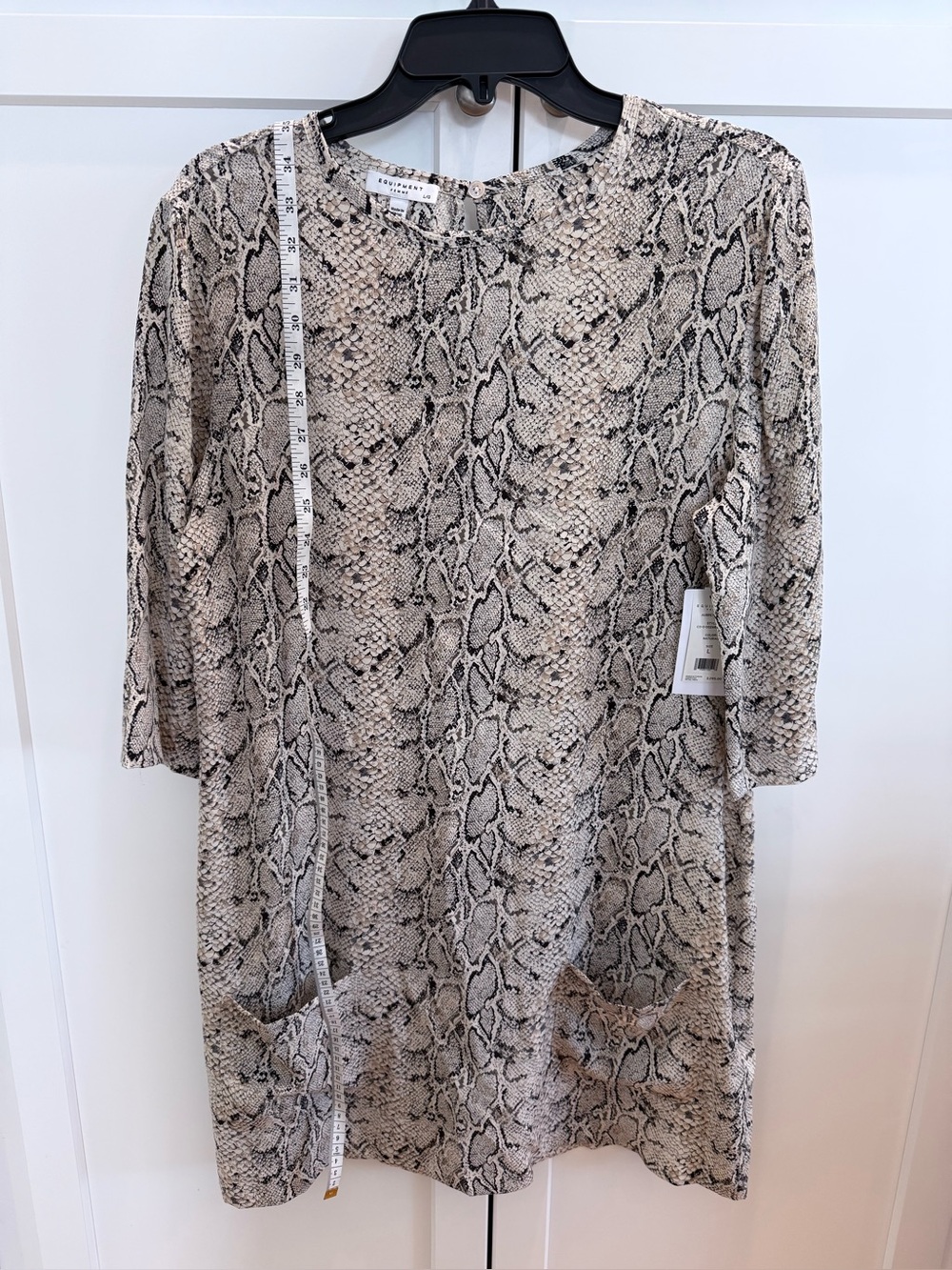 Equipment Snake-Print 3/4 Sleeve Shift Dress in Beige and Black